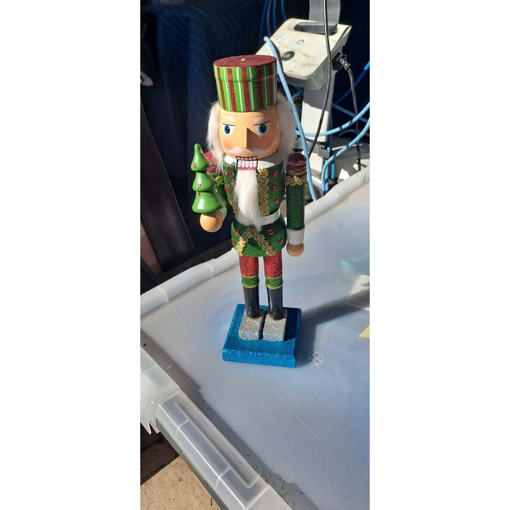 14" Wooden Nutcracker Cresent  TEAL GREEN RED SPARKLE GLITTER 13"